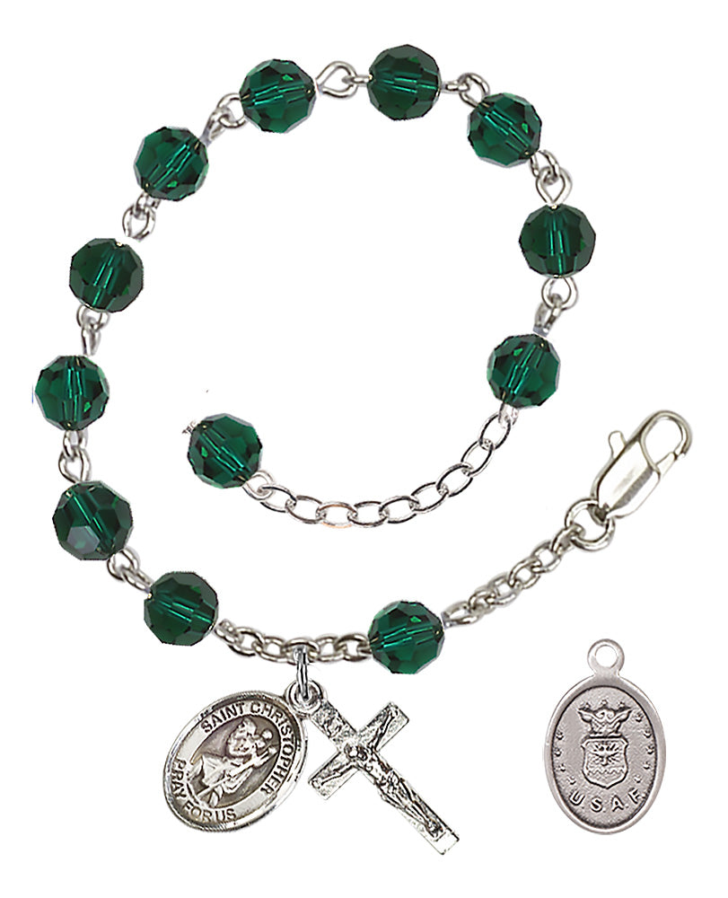 Saint Christopher Air Force Rosary Bracelet, 6mm Austrian Crystal