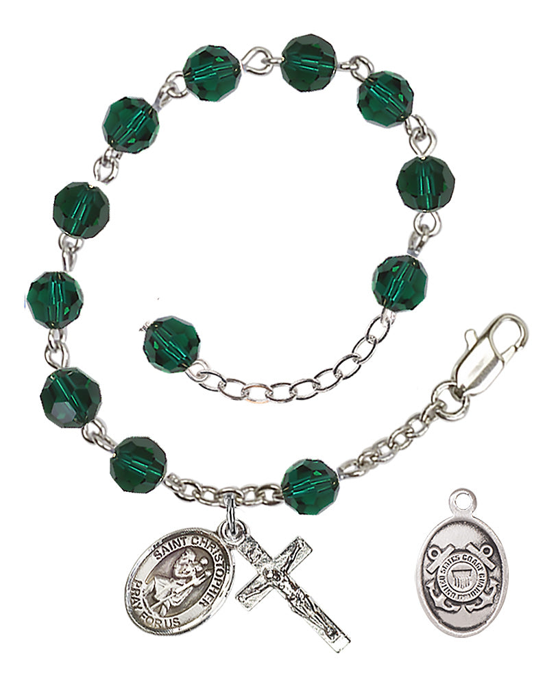Saint Christopher Coast Guard Rosary Bracelet, 6mm Austrian Crystal - Silver Plate - Emerald