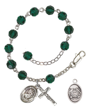 Saint Christopher Coast Guard Rosary Bracelet, 6mm Austrian Crystal - Silver Plate - Emerald