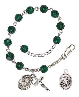 Saint Christopher Marines Rosary Bracelet, 6mm Austrian Crystal - Silver Plate - Emerald