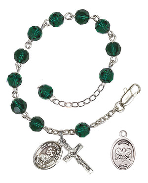Saint Christopher National Guard Rosary Bracelet, 6mm Austrian Crystal - Silver Plate - Emerald