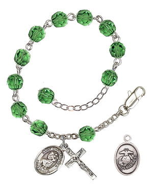 Saint Christopher Marines Rosary Bracelet, 6mm Austrian Crystal - Silver Plate - Erinite