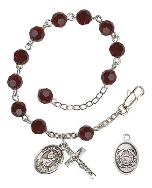 Saint Christopher Coast Guard Rosary Bracelet, 6mm Austrian Crystal - Silver Plate - Garnet