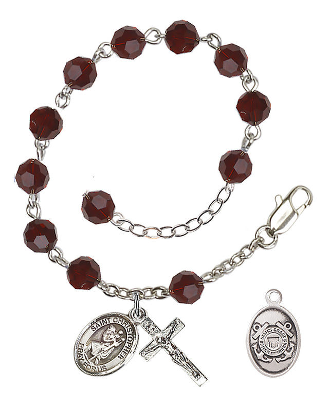Saint Christopher Coast Guard Rosary Bracelet, 6mm Austrian Crystal - Silver Plate - Garnet