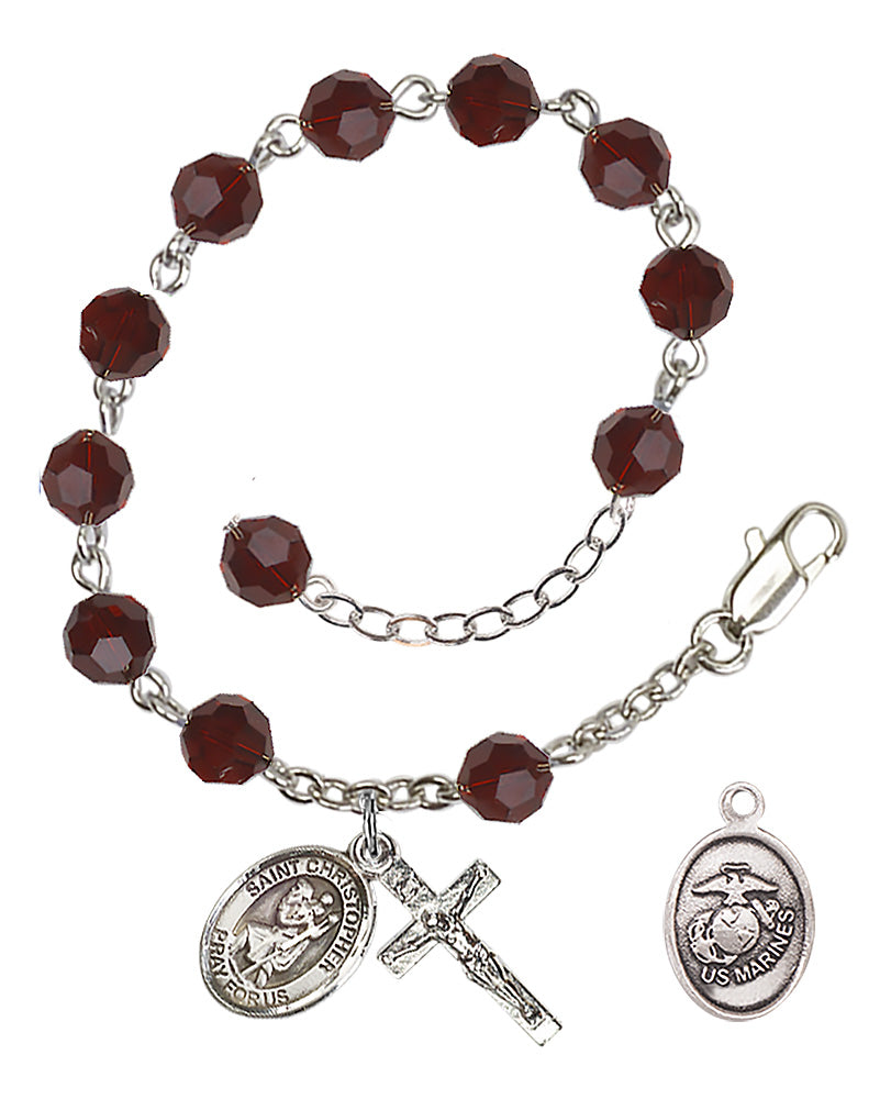 Saint Christopher Marines Rosary Bracelet, 6mm Austrian Crystal - Silver Plate - Garnet