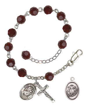 Saint Christopher Marines Rosary Bracelet, 6mm Austrian Crystal - Silver Plate - Garnet