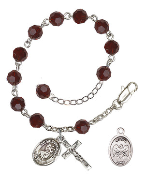 Saint Christopher National Guard Rosary Bracelet, 6mm Austrian Crystal - Silver Plate - Garnet