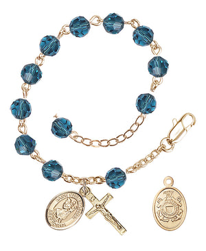Saint Christopher Coast Guard Rosary Bracelet, 6mm Austrian Crystal - Gold Plate - Indocolite