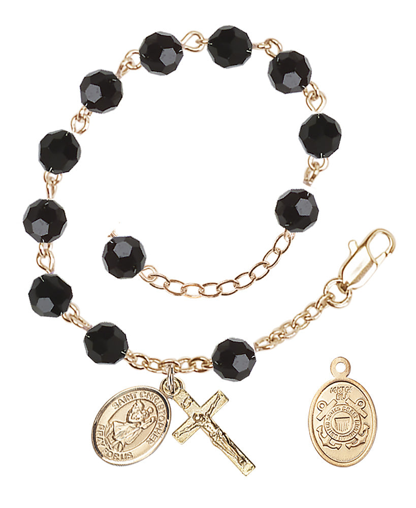 Saint Christopher Coast Guard Rosary Bracelet, 6mm Austrian Crystal - Gold Plate - Jet