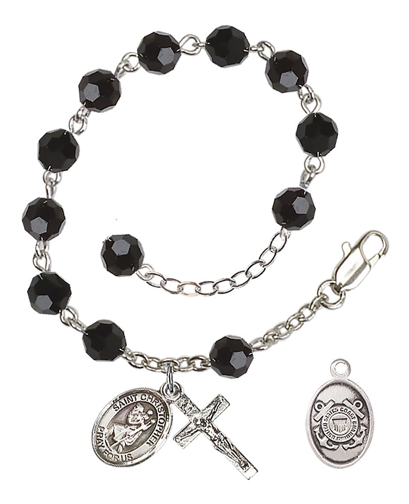 Saint Christopher Coast Guard Rosary Bracelet, 6mm Austrian Crystal - Silver Plate - Jet