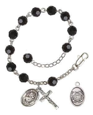 Saint Christopher Coast Guard Rosary Bracelet, 6mm Austrian Crystal - Silver Plate - Jet