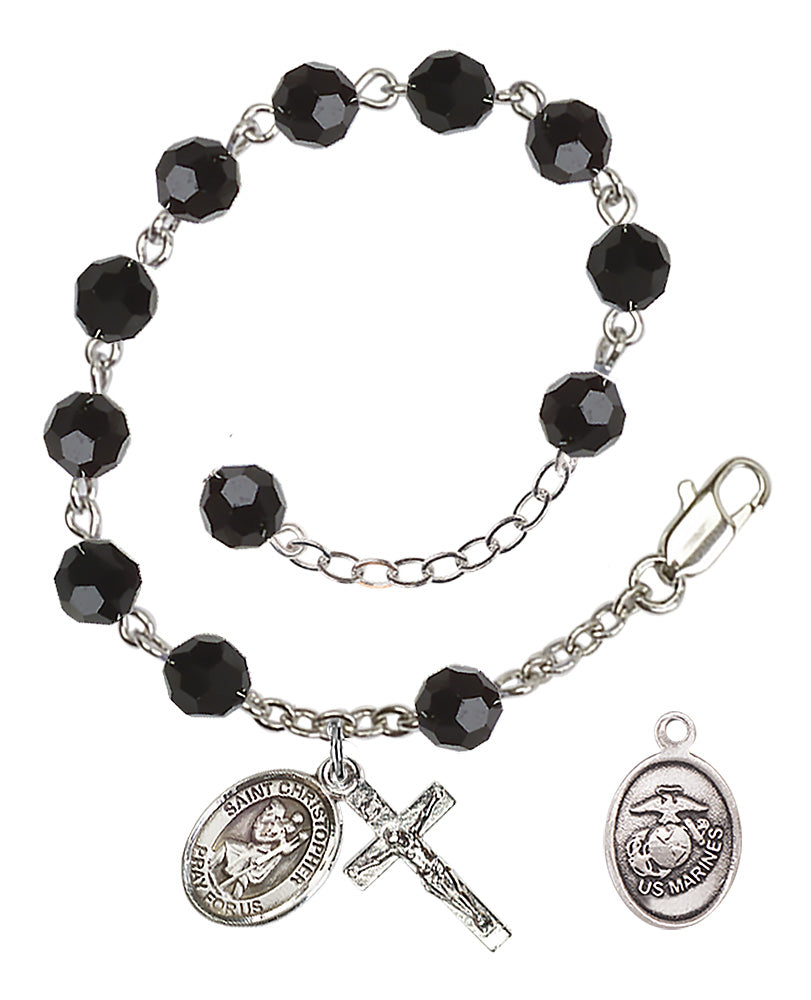 Saint Christopher Marines Rosary Bracelet, 6mm Austrian Crystal - Silver Plate - Jet