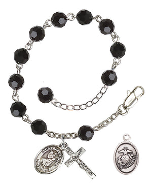 Saint Christopher Marines Rosary Bracelet, 6mm Austrian Crystal - Silver Plate - Jet