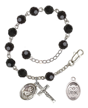 Saint Christopher National Guard Rosary Bracelet, 6mm Austrian Crystal - Silver Plate - Jet