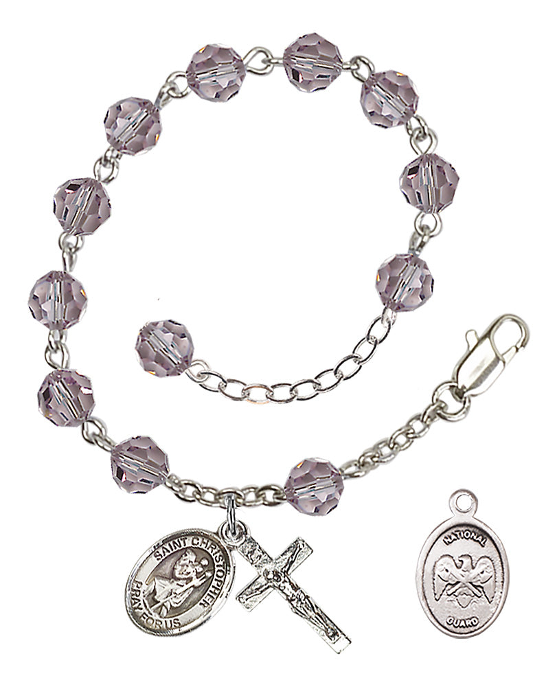 Saint Christopher National Guard Rosary Bracelet, 6mm Austrian Crystal - Silver Plate - Light Amethyst