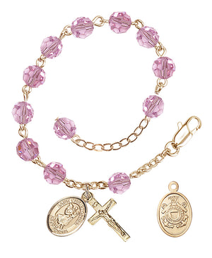 Saint Christopher Coast Guard Rosary Bracelet, 6mm Austrian Crystal - Gold Plate - Light Rose