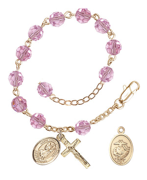 Saint Christopher Marines Rosary Bracelet, 6mm Austrian Crystal - Gold Plate - Light Rose