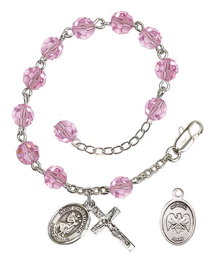 Saint Christopher National Guard Rosary Bracelet, 6mm Austrian Crystal - Silver Plate - Light Rose