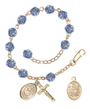 Saint Christopher Coast Guard Rosary Bracelet, 6mm Austrian Crystal - Gold Plate - Light Sapphire