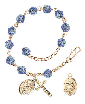 Saint Christopher Marines Rosary Bracelet, 6mm Austrian Crystal - Gold Plate - Light Sapphire
