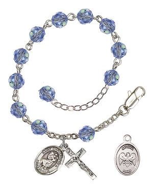 Saint Christopher National Guard Rosary Bracelet, 6mm Austrian Crystal - Silver Plate - Light Sapphire
