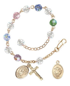 Saint Christopher Marines Rosary Bracelet, 6mm Austrian Crystal - Gold Plate - Multi-Color