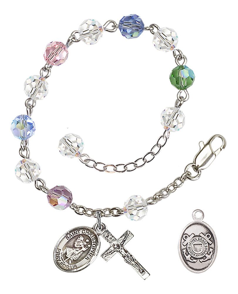 Saint Christopher Coast Guard Rosary Bracelet, 6mm Austrian Crystal - Silver Plate - Multi-Color