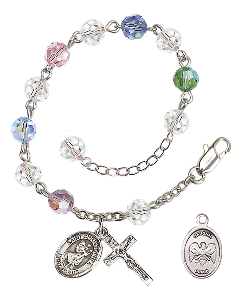 Saint Christopher National Guard Rosary Bracelet, 6mm Austrian Crystal - Silver Plate - Multi-Color