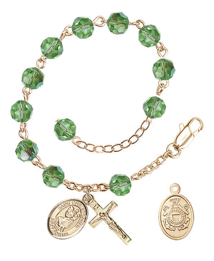 Saint Christopher Coast Guard Rosary Bracelet, 6mm Austrian Crystal - Gold Plate - Peridot
