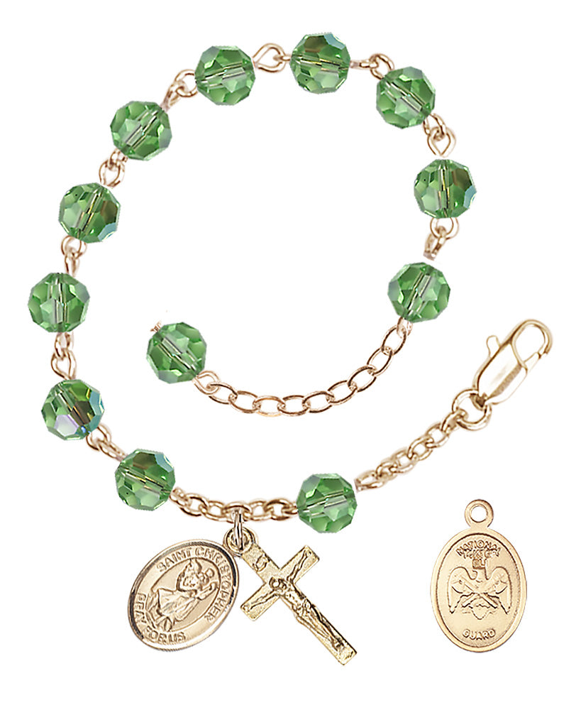 Saint Christopher National Guard Rosary Bracelet, 6mm Austrian Crystal - Gold Plate - Peridot