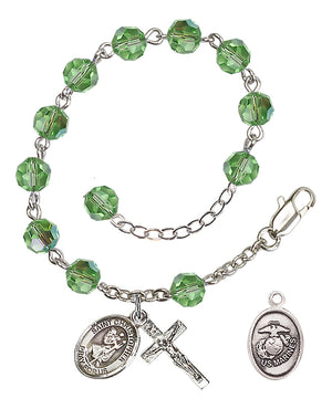 Saint Christopher Marines Rosary Bracelet, 6mm Austrian Crystal - Silver Plate - Peridot