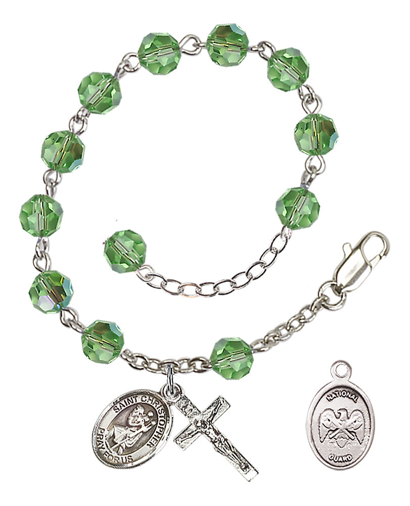 Saint Christopher National Guard Rosary Bracelet, 6mm Austrian Crystal - Silver Plate - Peridot