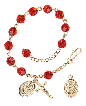 Saint Christopher Coast Guard Rosary Bracelet, 6mm Austrian Crystal - Gold Plate - Ruby