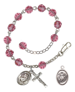Saint Christopher Marines Rosary Bracelet, 6mm Austrian Crystal - Silver Plate - Rose