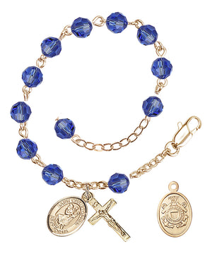 Saint Christopher Coast Guard Rosary Bracelet, 6mm Austrian Crystal - Gold Plate - Sapphire