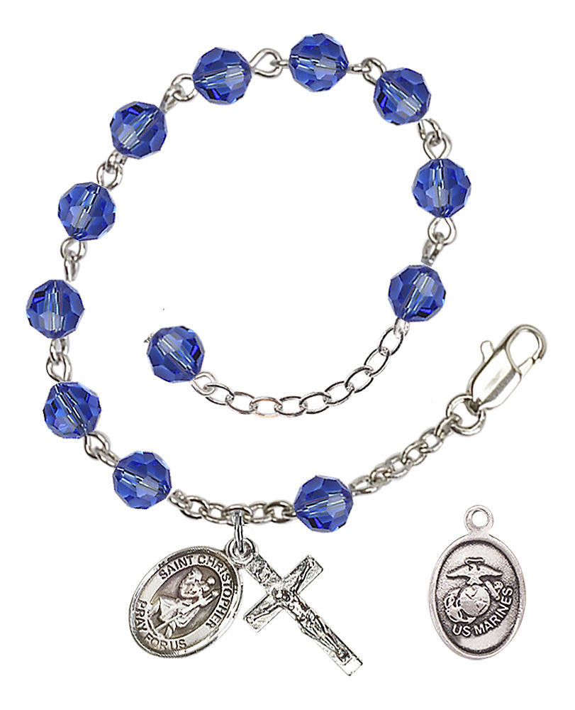 Saint Christopher Marines Rosary Bracelet, 6mm Austrian Crystal - Silver Plate - Sapphire