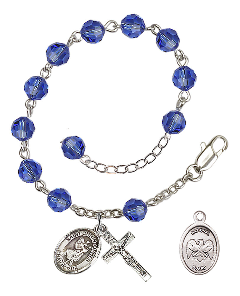 Saint Christopher National Guard Rosary Bracelet, 6mm Austrian Crystal - Silver Plate - Sapphire