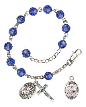 Saint Christopher National Guard Rosary Bracelet, 6mm Austrian Crystal - Silver Plate - Sapphire