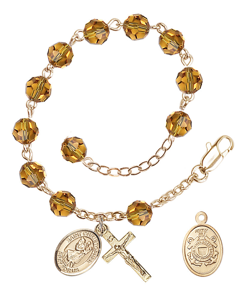 Saint Christopher Coast Guard Rosary Bracelet, 6mm Austrian Crystal - Gold Plate - Topaz