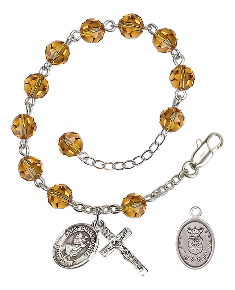 Saint Christopher Air Force Rosary Bracelet, 6mm Austrian Crystal