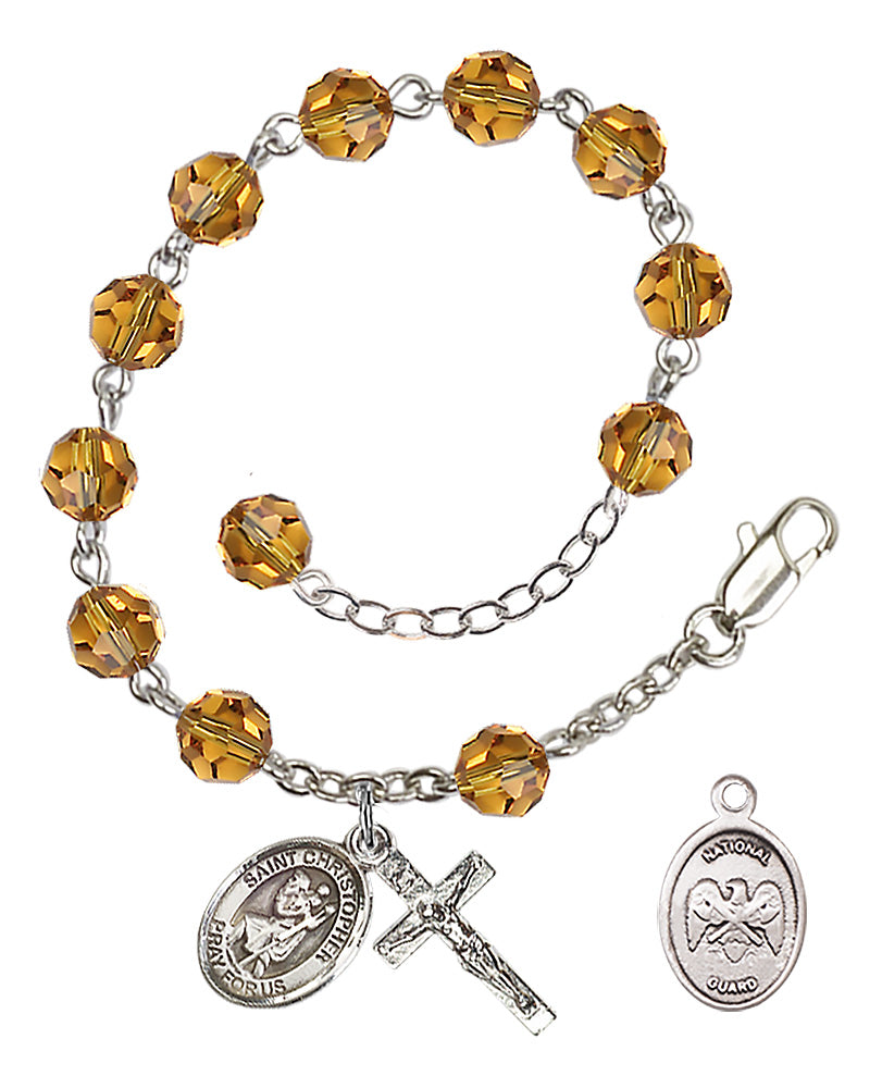 Saint Christopher National Guard Rosary Bracelet, 6mm Austrian Crystal - Silver Plate - Topaz