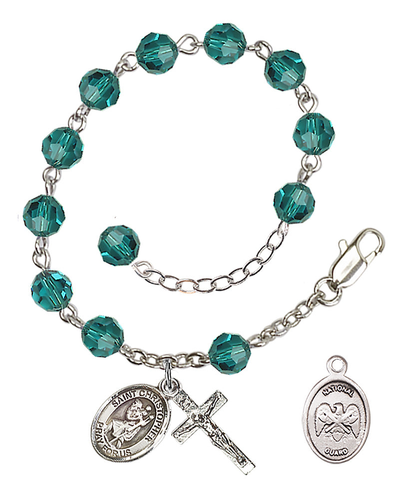 Saint Christopher National Guard Rosary Bracelet, 6mm Austrian Crystal - Silver Plate - Zircon