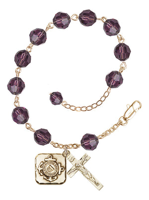 Coast Guard Diamond Rosary Bracelet, 8mm Austrian Crystal - Gold Plate - Amethyst