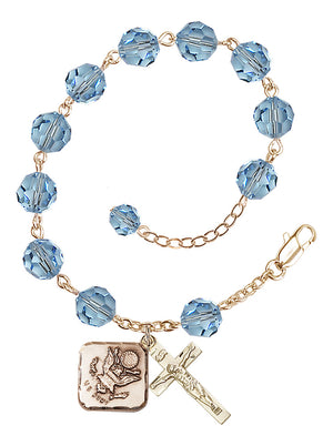 Army Diamond Rosary Bracelet, 8mm Austrian Crystal - Gold Plate - Aqua