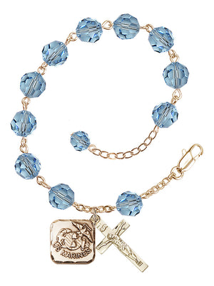 Marines Diamond Rosary Bracelet, 8mm Austrian Crystal - Gold Plate - Aqua