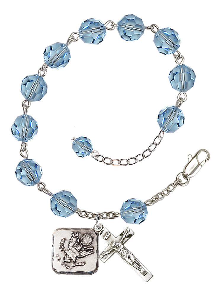 Army Diamond Rosary Bracelet, 8mm Austrian Crystal - Silver Plate - Aqua