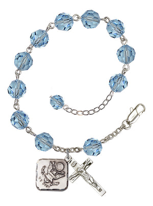 Army Diamond Rosary Bracelet, 8mm Austrian Crystal - Silver Plate - Aqua