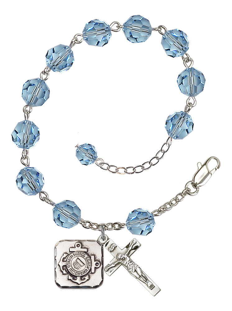 Coast Guard Diamond Rosary Bracelet, 8mm Austrian Crystal - Silver Plate - Aqua