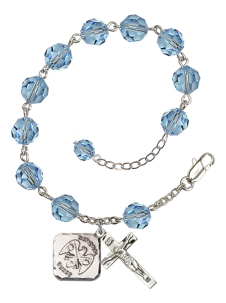 National Guard Diamond Rosary Bracelet, 8mm Austrian Crystal - Silver Plate - Aqua