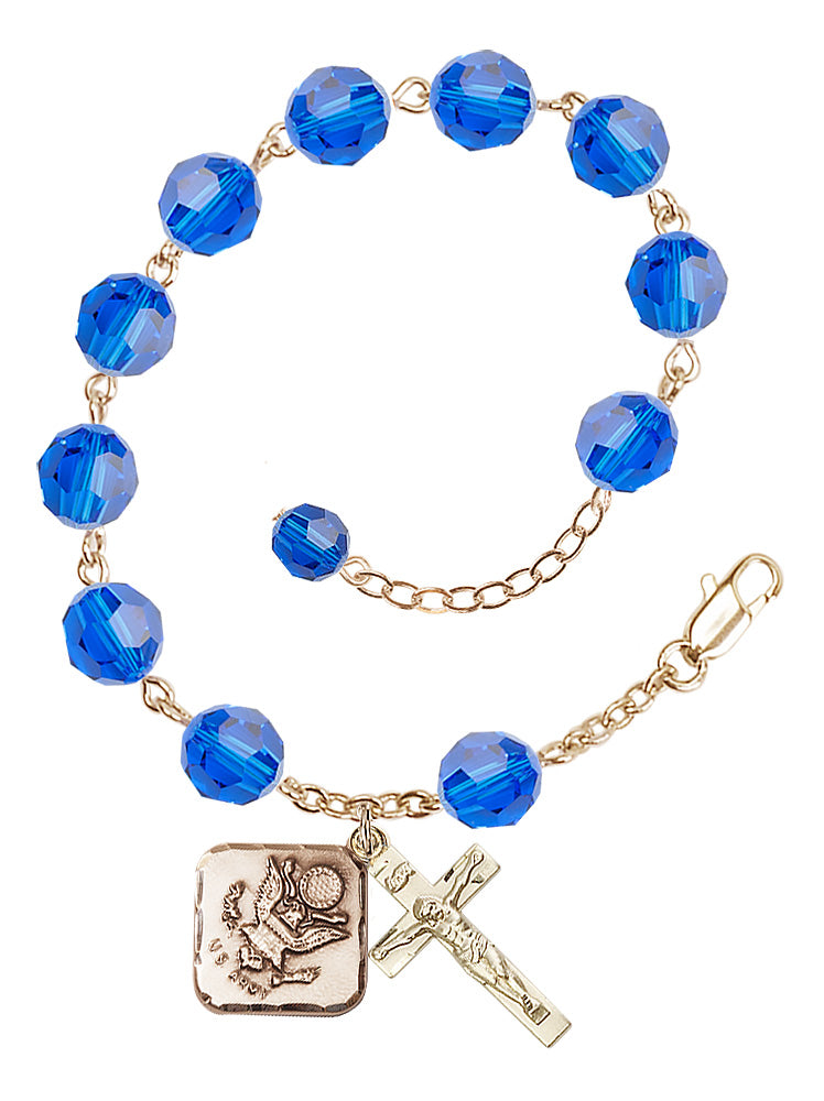 Army Diamond Rosary Bracelet, 8mm Austrian Crystal - Gold Plate - Capri Blue